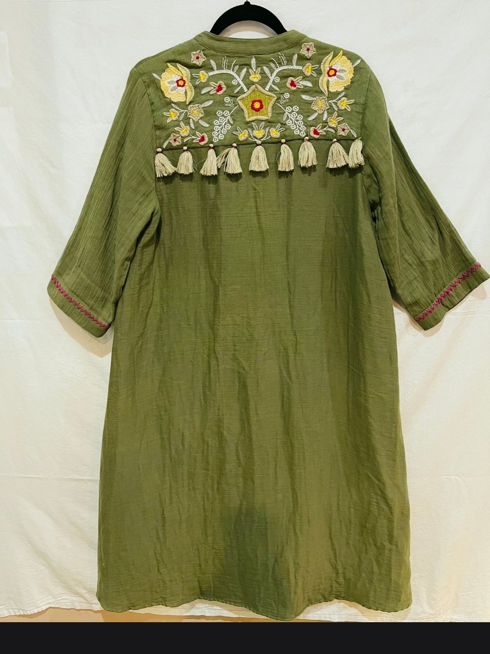 Embroidered Olive Green Women's Dress with Tassel Detail